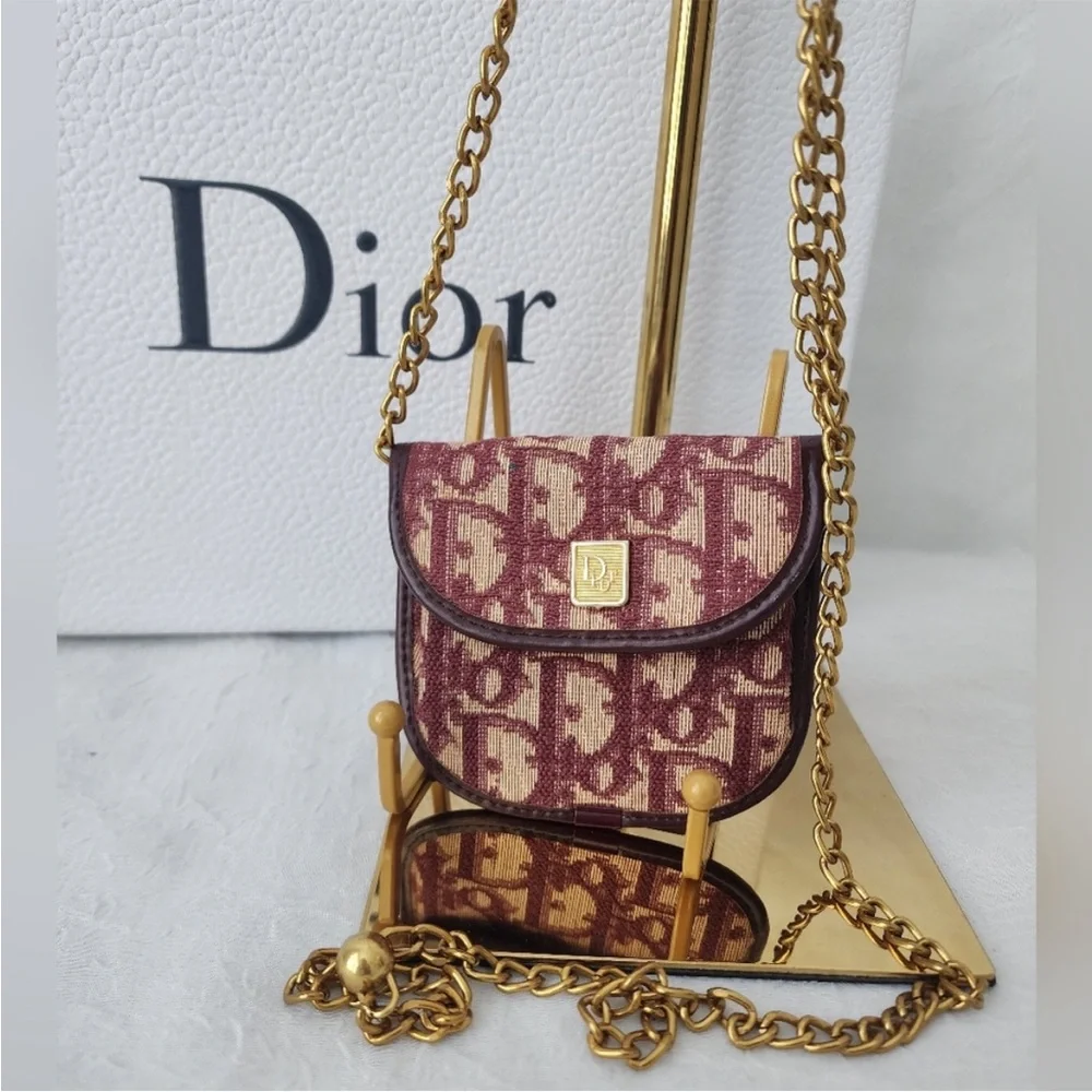 Authentic Dior 30 Montaigne Red Trotter Cloth Leather Mini Wallet to Crossbody